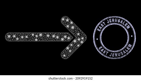 Illuminated polygonal mesh web arrow right icon with glitter effect on a black background with round East Jerusalem rubber seal imitation. Vector grid is created from arrow right icon,
