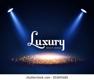 Illuminated Pudium with Particles & Spotlights. Empty Scene. Vector illustration