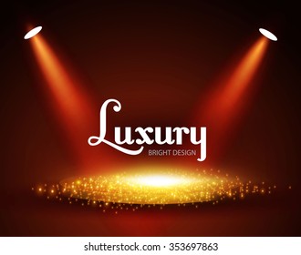 Illuminated Pudium with Particles & Spotlights. Empty Scene. Vector illustration