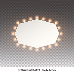 Illuminated realistic casino banner with yellow lamps isolated on transparent background. Vector shine blank frame with bulbs. Glowing lights billboard for advertising design