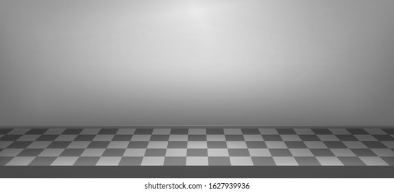 Illuminated realistic studio checkered background. Presentation decorations. Room empty space. Showroom concept. Vector illustration