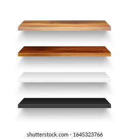 Illuminated realistic wall shelf. Empty store rack. Studio background with spotlights. Vector illustration.