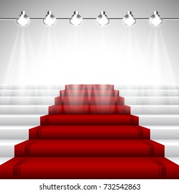 Illuminated Red Carpet under Set of Six Spotlights over White Stairway with Perspective View