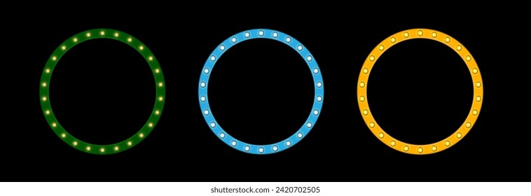 Illuminated retro frame in different colors. Space for text in the center. Set of icons.