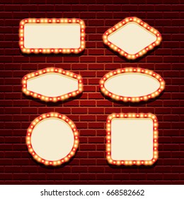 Illuminated retro frames set with shining lights on the contour and space for text. Glowing signboard, banner templates in vintage style. Vector illustration.