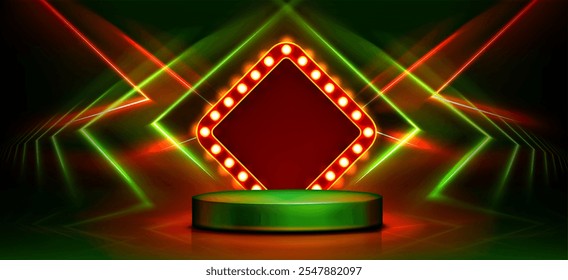 Quadro de losango iluminado com lâmpadas acima do pódio circular. Feixes de laser vermelho e verde em fundo escuro. Realista plataforma 3d cilindro para prêmios de jogos de casino, jackpot e anúncios de jogos de azar.