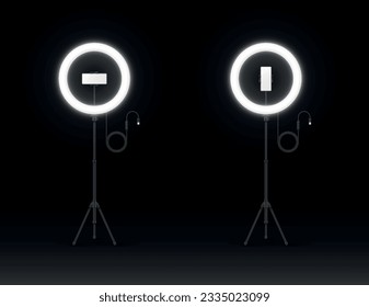 Illuminated ring lamp with phone screen shooting photo video at darkness device set realistic vector illustration. Selfie LED lighting blogging equipment with vertical horizontal smartphone display