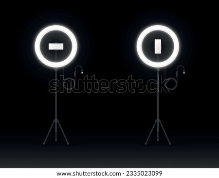 Illuminated ring lamp with phone screen shooting photo video at darkness device set realistic vector illustration. Selfie LED lighting blogging equipment with vertical horizontal smartphone display