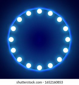 Lámpara redonda iluminada con bombillas, sobre fondo oscuro.
