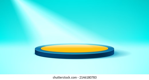Illuminated round podium in realistic style, award empty pedestal, geometry shape, vector design object for you project