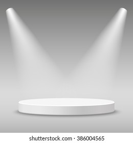 Illuminated round stage podium, pedestal. Vector illustration.
