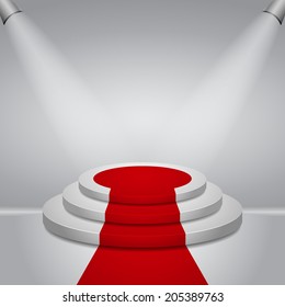 Illuminated round stage podium with red carpet for award ceremony vector illustration 