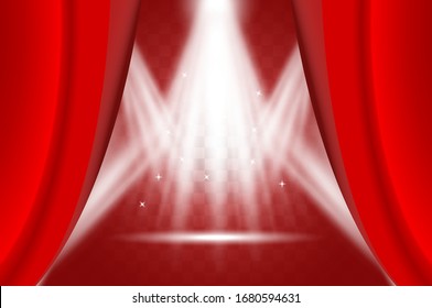 Illuminated scene behind ajar red curtain. Spotlights vector effect. Spotlights lighting design template, empty scene.