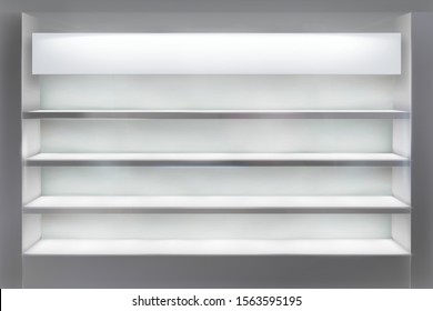 Illuminated shelves in the showroom. Shop window. Place for the exhibition. White background. Vector illustration.
