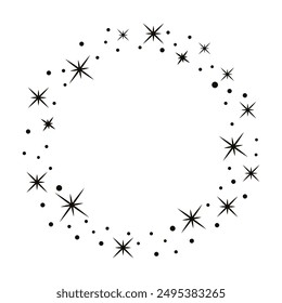 Illuminated shiny star circle frame black monochrome festive spark vector flat illustration. Bright glowing flash greeting dust effect round boarder shimmer circular sparkle magic ring decoration