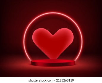 Illuminated showcase with red neon heart. Vector 3d illustration