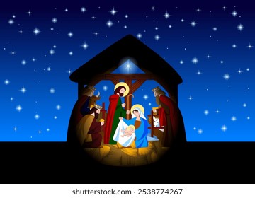 Silhueta iluminada da cena de Natal da Natividade de Cristo e da adoração dos Magos contra o fundo do céu estrelado da noite. Ilustração vetorial