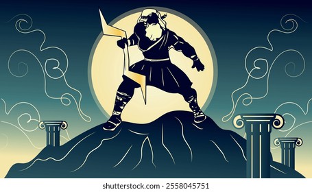 illuminated silhouette of Zeus, the Father of Gods and men standing on Olympus mountain, vector illustration.