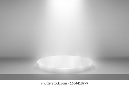 Illuminated silver scene with podium. Presentation realistic decorations. Studio empty space. Showroom concept. Vector illustration