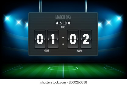 Illuminated soccer stadium with scoreboard
