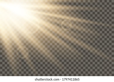 Illuminated spotlight realistic effect. Sunlight flash light. Bright lighting beam. Blur in the light of radiance sun. Horizontal rays and searchlight on transparent background – stock vector