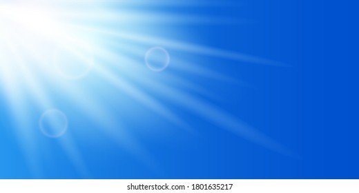 Illuminated spotlight realistic effect. Sunlight flash light. Bright lighting beam. Blur in the light of radiance sun. Horizontal rays and searchlight on blue background – stock vector