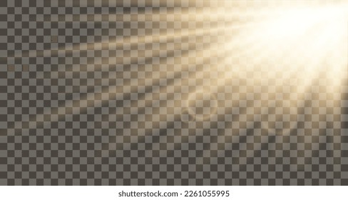 Efecto realista iluminado. Luz solar flash. Luz luminosa. Desenfoque a la luz del sol radiante. Rayos horizontales y luz reflectante sobre fondo transparente - vector