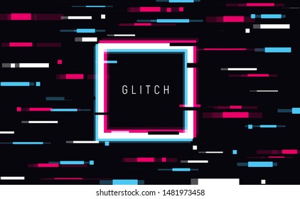 An illuminated square frame with glitch effect and a place for text Distorted glitch style modern background, glow design for banner, poster, flyer, brochure, card, vector illustration.