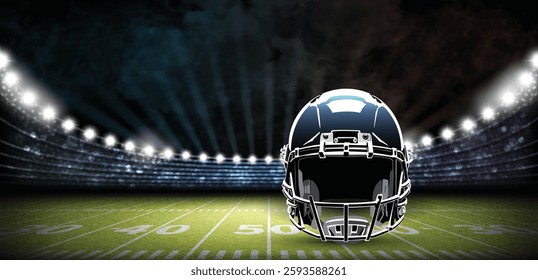 Illuminated stadium for american football. Football helmet on green field. Realistic illustration.