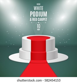 Illuminated stage 3d high podium with red carpet for award ceremony. Empty template for winners. Isolated vector illustration