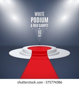 Illuminated stage 3d podium with red carpet for award ceremony. Empty template for winers. Isolated vector illustration