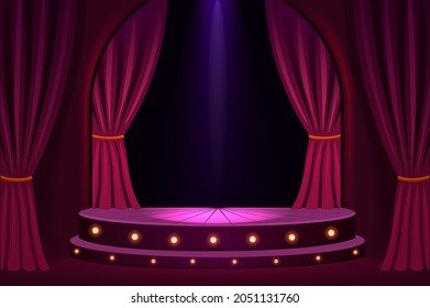 Illuminated stage in concert hall template. Festive show in trendy club with velvet curtains and platform lights vintage presentation in vector theater