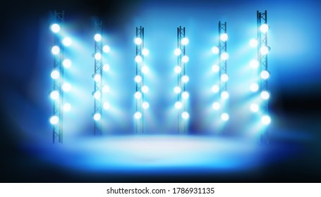 Illuminated stage on the stadium. Blue background. Brightly glowing spotlights. Vector illustration.