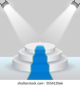 Illuminated stage podium for award ceremony. Podium on gray background. Podium and lighting. Vector illustration
