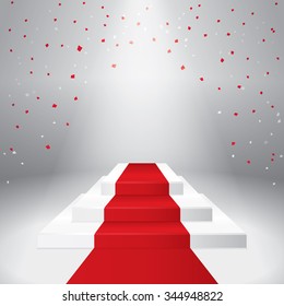 Illuminated stage podium with confetti  and red carpet. Vector illustration