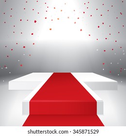 Illuminated stage podium with confetti  and red carpet. Vector illustration