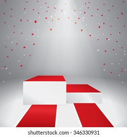 Illuminated stage podium with confetti  and red carpet. Vector illustration
