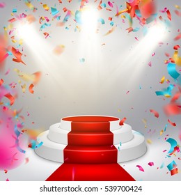 Illuminated stage podium with confetti and red carpet. EPS 10 vector file included