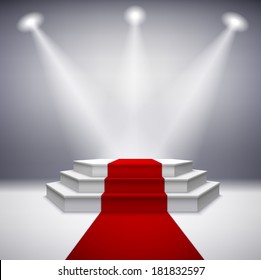 Illuminated Stage Podium With Red Carpet For Award Ceremony Vector Illustration