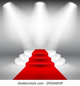Illuminated stage podium with red carpet photo realistic vector background