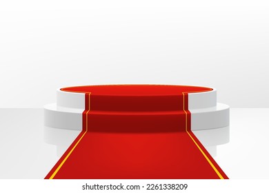 Illuminated stage podium with red path for award ceremony. Realistic 3d vector illustration, vip celebrity lifestyle concept. Stage for the winners and awards ceremony.