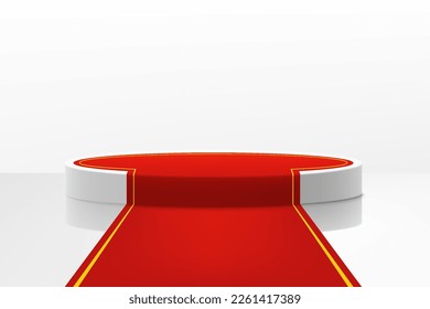 Illuminated stage podium with red path for award ceremony. Realistic 3d vector illustration, vip celebrity lifestyle concept. Stage for the winners and awards ceremony.