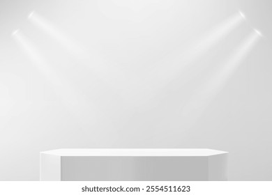 Illuminated stage with projectors. 3d vector background

