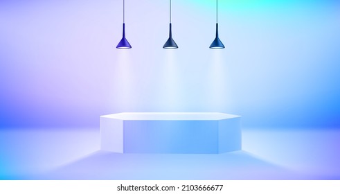 illuminated stage with projectors and podium. 3d vector illustration