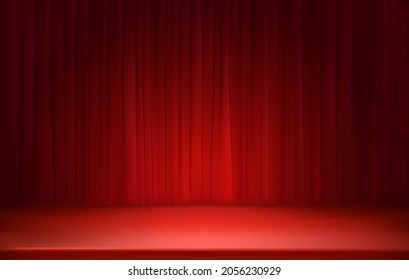 Illuminated stage with red curtains. 3D style realistic vector illustration
