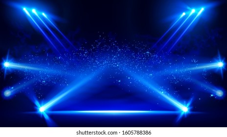 Illuminated stage with scenic lights and smoke. Blue vector spotlight with smoke volume light effect on black background. Stadium cloudiness projector. Mist show room. Vector.