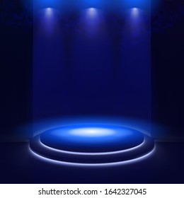 Illuminated stage with scenic lights and smoke. Blue vector spotlight with smoke volume light effect on black background. Stadium cloudiness projector. Mist show room. Vector.