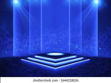 Illuminated stage with scenic lights and smoke. Blue vector spotlight with smoke volume light effect on black background. Stadium cloudiness projector. Mist show room. Vector.