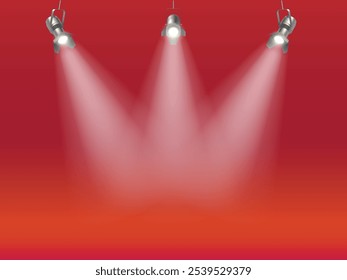 Illuminated stage with scenic lights. vector spotlight with smoke volume light effect on black background. Mist show room vector. Illuminated Stage with Scenic Lights | Vector Spotlight with Smoke