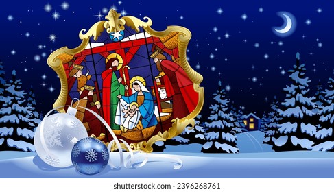Illuminated stained glass window with Christmas scene in gold baroque decorative frame against the night winter spruce forest in snow under starry sky. Vector Illustration